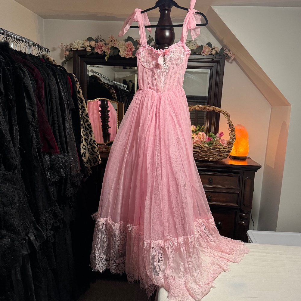 Dolls Kill Pink Lace & Tulle Maxi Dress with Bow Shoulder Ties